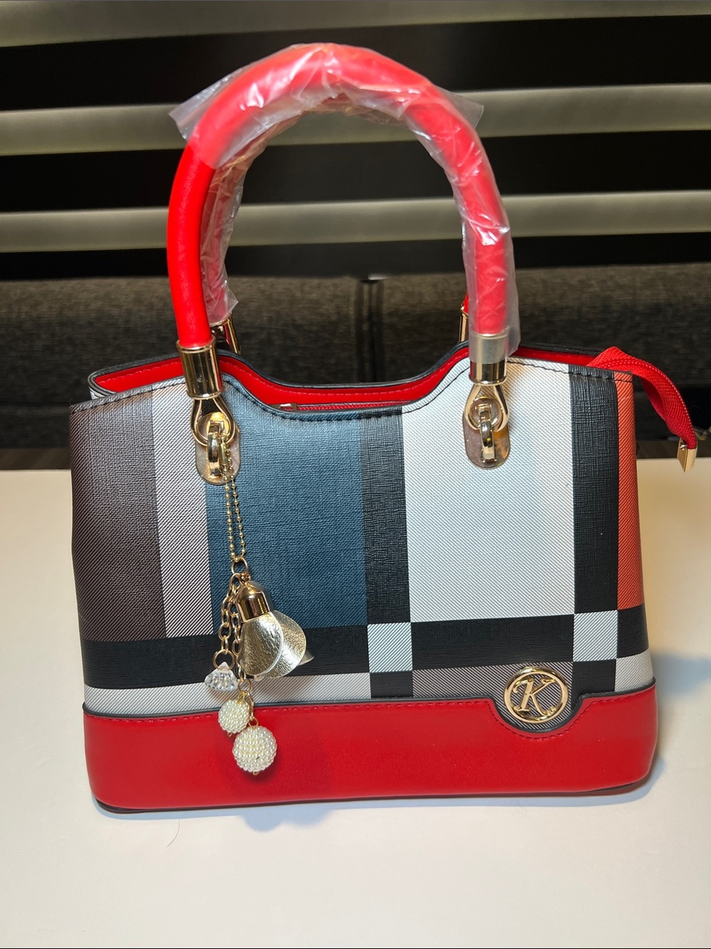 Red Plaid Accent Top-Handle Women's Handbag